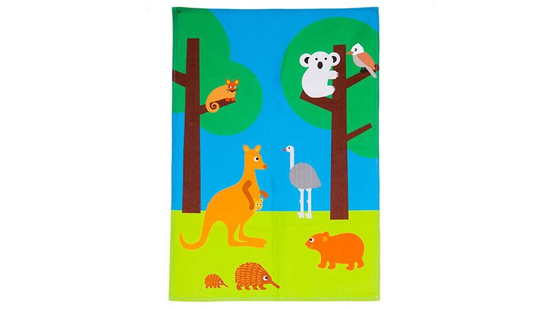 Custom printed cotton tea towel with colorful illustration artwork for an artist retail product.