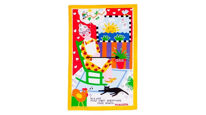 Custom printed cotton tea towel with colorful artist illustration for an artwork product.