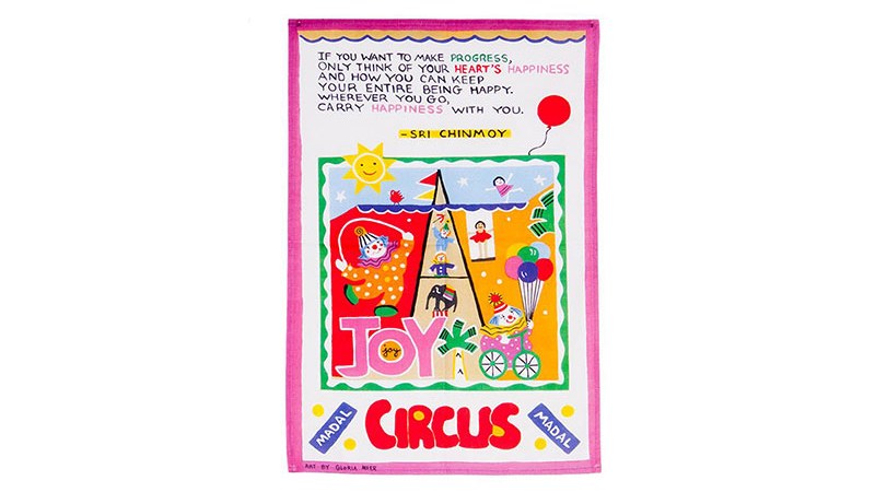 Full color illustrated cotton tea towel prepared as a gift shop or artist merchandise product.