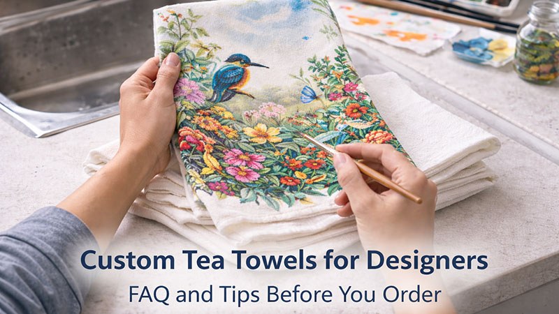 Custom cotton tea towels with quote questions for designers before placing an order.