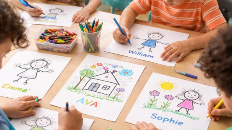 Children preparing drawings for a school tea towel artwork project in Australia.