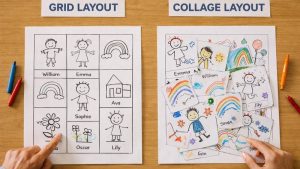 Example school tea towel artwork showing grid and collage layout options for class drawings.