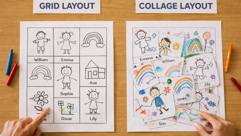 Example school tea towel artwork showing grid and collage layout options for class drawings.