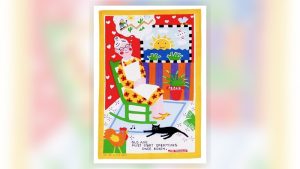 Custom cotton fundraising tea towel with colorful artwork.