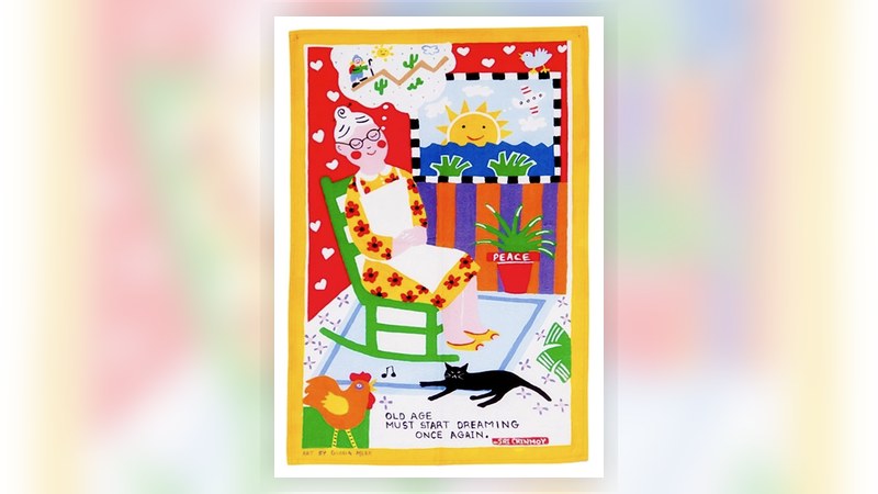 Custom cotton fundraising tea towel with colorful artwork.