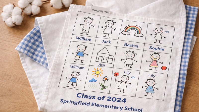 Example 100% cotton class artwork tea towel laid flat with children's drawings and names.
