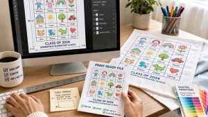 Artwork file setup for digital printed tea towels with size and resolution notes.