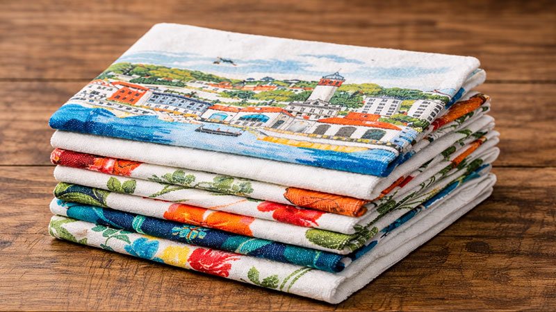 Stack of custom printed cotton tea towels prepared as colorful gift shop products for United States projects.