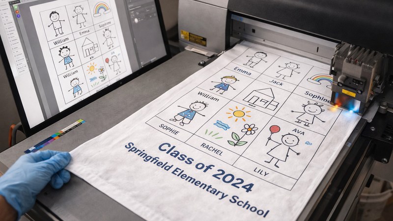 Digital printing process for a cotton school tea towel with class artwork and names.