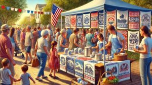 Community event display showing tea towels as a fundraising product.