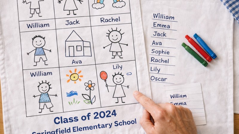 School tea towel artwork proof with children's drawings and a handwritten name list.