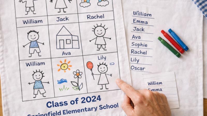 School tea towel artwork and name list being checked before requesting a quote.