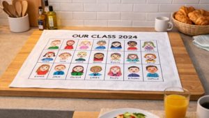 School tea towel with children's artwork arranged in a class grid layout.
