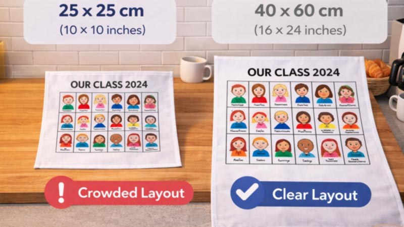 School tea towel size and layout comparison showing crowded and clearer class artwork options.