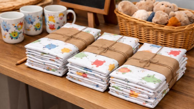 Stacks of folded school tea towels prepared for packaging and quantity planning.