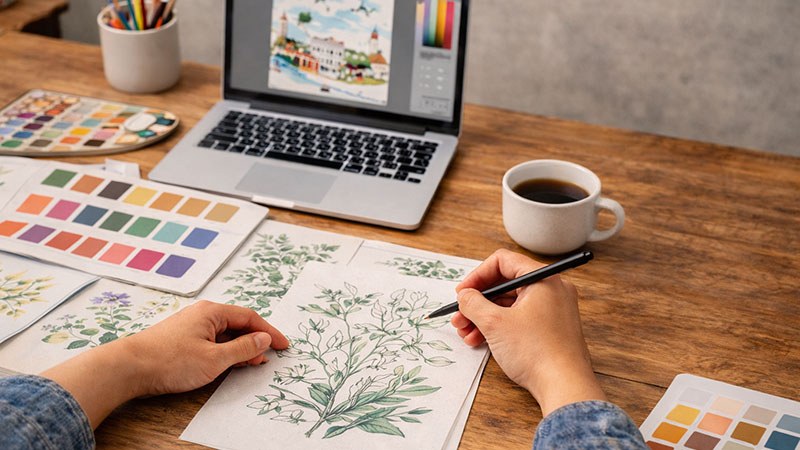 Artist desk with artwork files and color references for a custom digital printed tea towel quote.