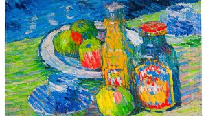 Colourful artwork detail printed on a cotton tea towel using digital printing.