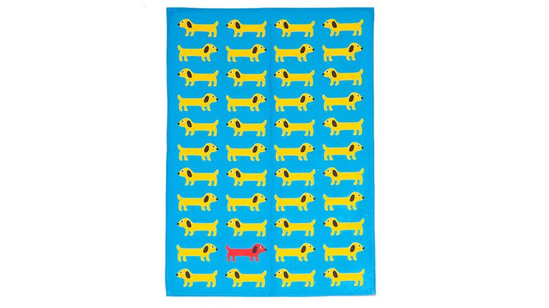 Repeated artwork pattern printed on a cotton tea towel.