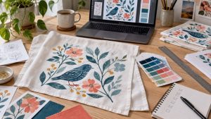 Artwork file checklist for custom cotton tea towel printing on a design studio table.