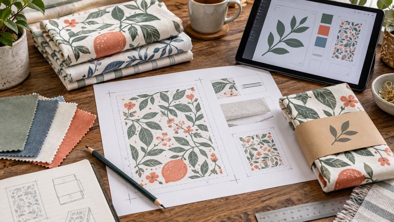 Custom tea towel artwork proof with safe area, folded towel and packaging review.