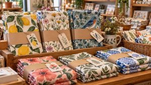 Custom printed cotton tea towels presented as a small retail range with visible artwork.