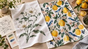 White cotton tea towels with botanical line art and colourful printed artwork.