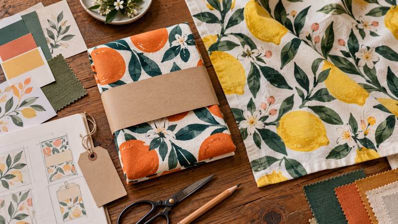 Artwork-led cotton tea towels arranged for folded retail packaging planning.