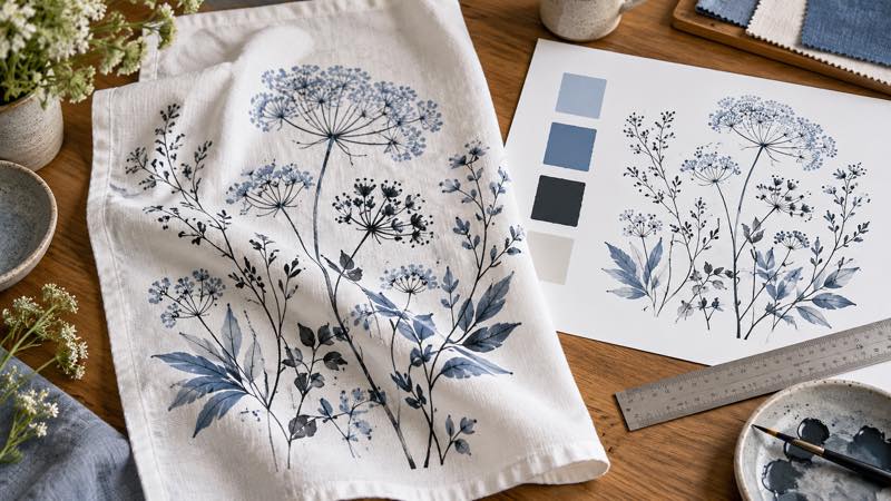 White cotton tea towel artwork checked for fine lines, contrast and white space.